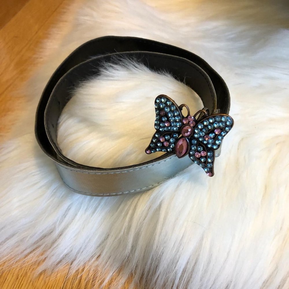 Silver Belt with Rhinestone Butterfly Buckle